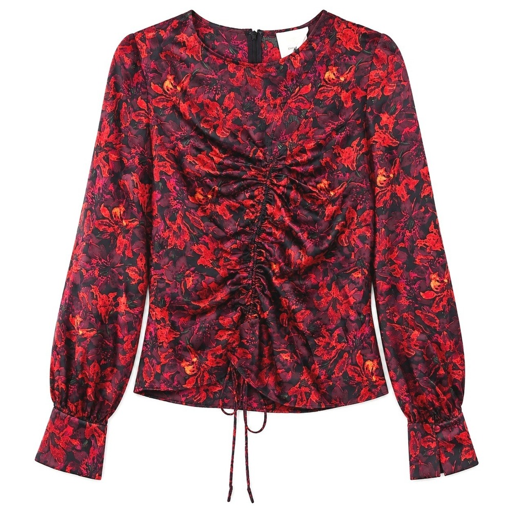 Cinq a Sept Ezrah Silk Blouse Womens XS Red Floral Ruched Cutout Long Sleeve Top